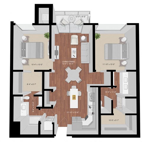 Floor plan for 2 beds, 2 baths, 1187 sqft